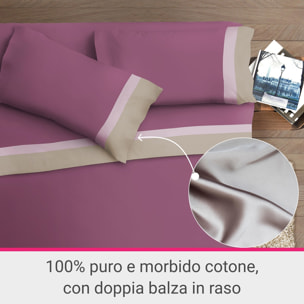 Completo letto doppia balza RASO IPERSAN Puro Cotone Panna/Malva fondo Prugna