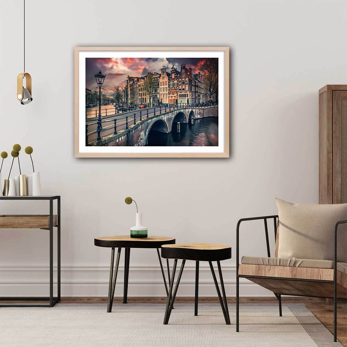 Affiche deco Amsterdam Canaux et ponts Affiche + cadre en bois - Chêne