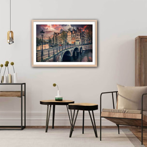Affiche deco Amsterdam Canaux et ponts Affiche + cadre en bois - Chêne