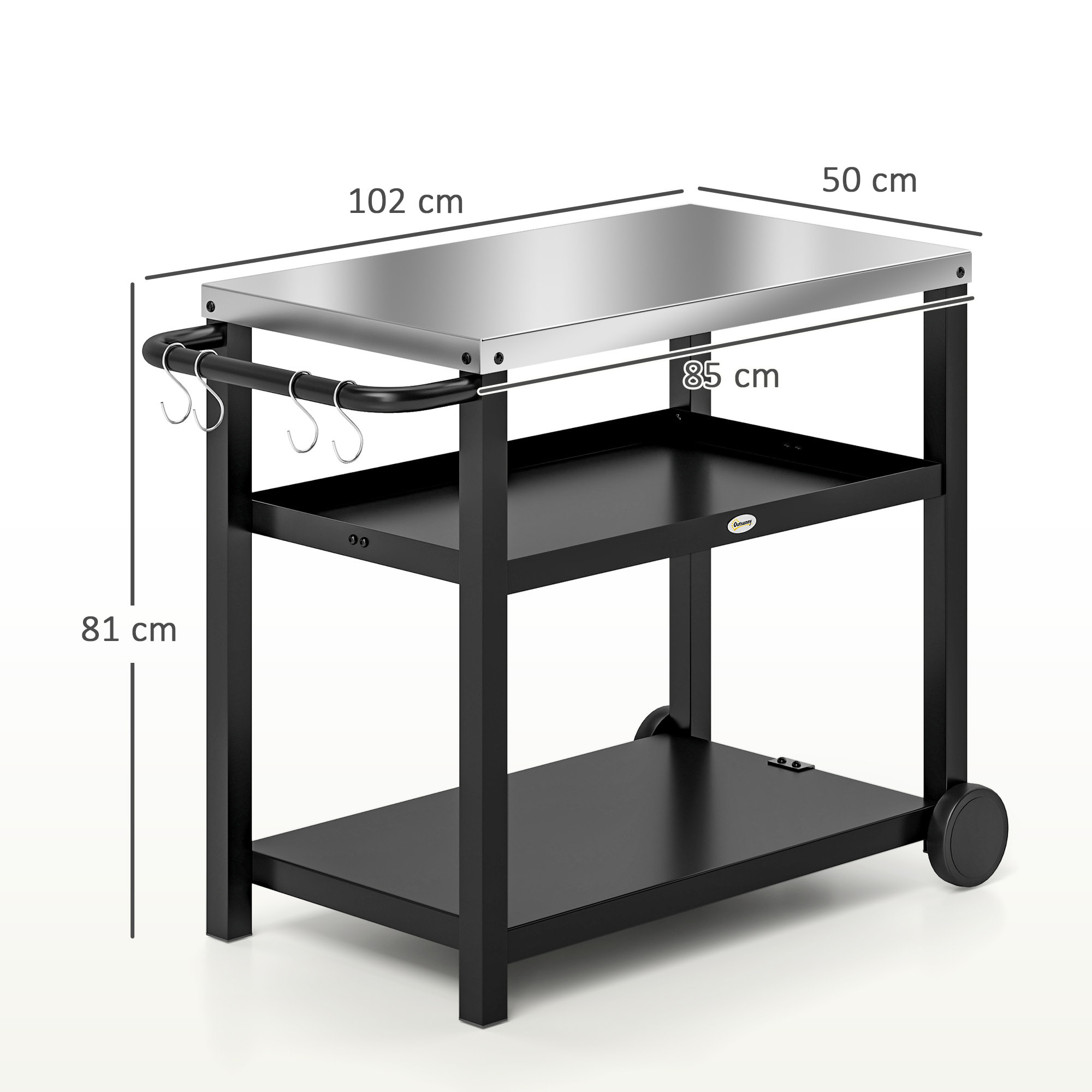 Carrito de Parrilla de 3 Niveles Carrito de Barbacoa Carro de Servicio con 2 Ruedas Estantes Encimera de Acero Inoxidable y Asa Mesa de Horno de Pizza para Jardín Patio Gris Carbón