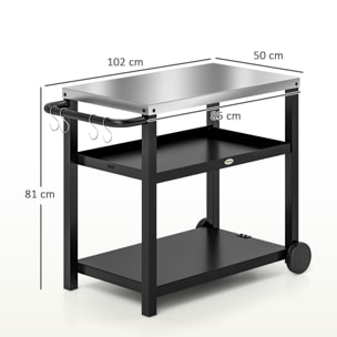 Carrito de Parrilla de 3 Niveles Carrito de Barbacoa Carro de Servicio con 2 Ruedas Estantes Encimera de Acero Inoxidable y Asa Mesa de Horno de Pizza para Jardín Patio Gris Carbón