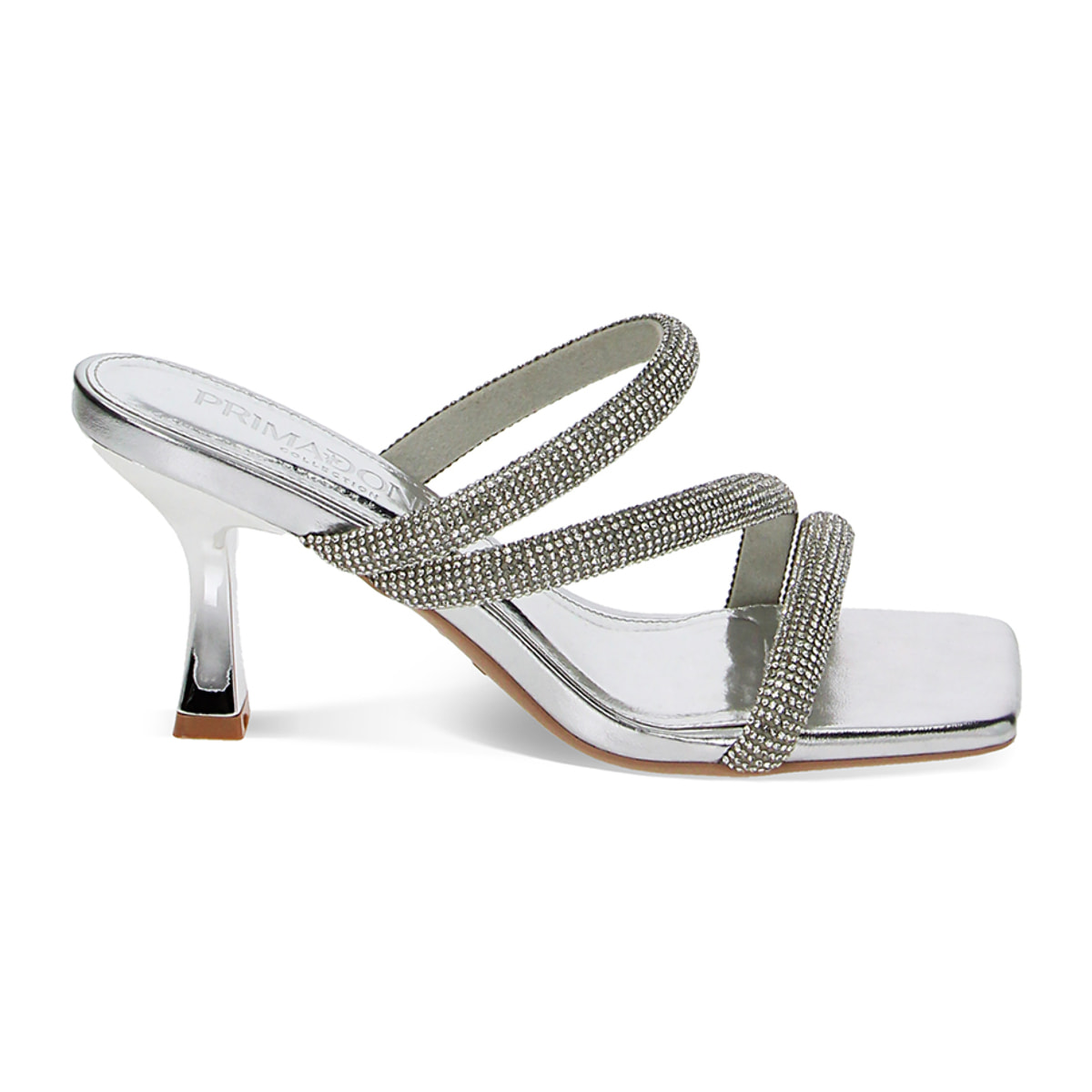 Mules open toe donna argento in laminato e pietre, tacco 7,5 cm