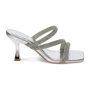 Mules open toe donna argento in laminato e pietre, tacco 7,5 cm
