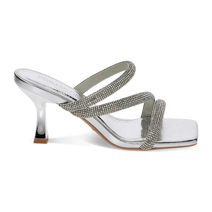Mules open toe donna argento in laminato e pietre, tacco 7,5 cm