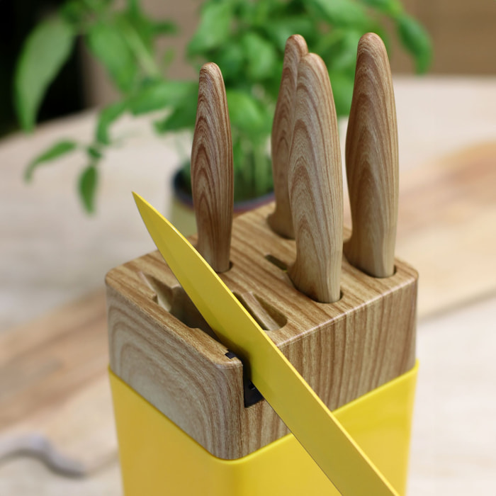 Bloc à couteaux 6 pièces jaune et effet bois  COLORAMA