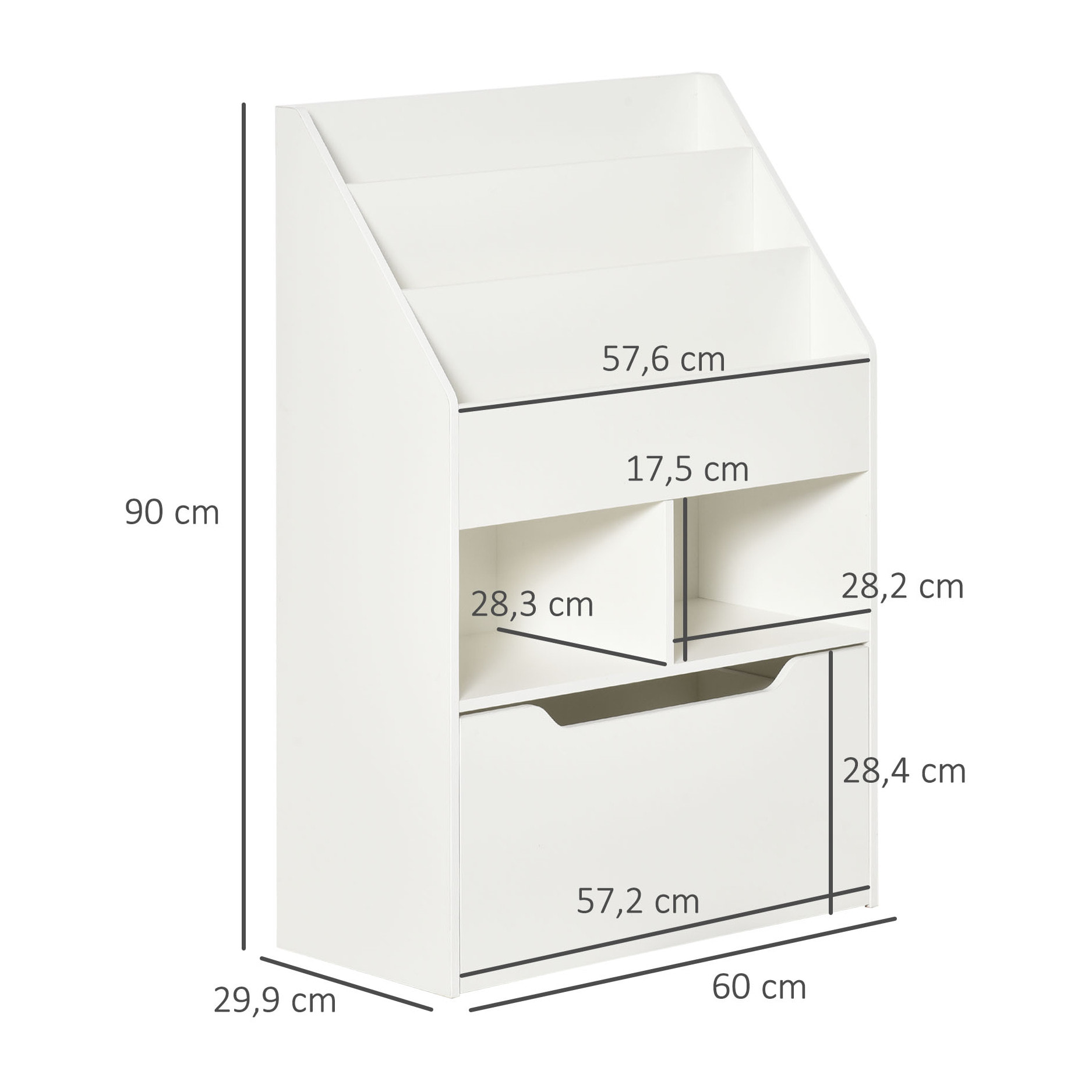 Estantería Infantil de Madera con 3 Compartimentos 2 Cubos y Cajón Móvil con 4 Ruedas Librería Infantil para Habitación de Niños Sala de Juegos 60x29,9x90 cm Blanco