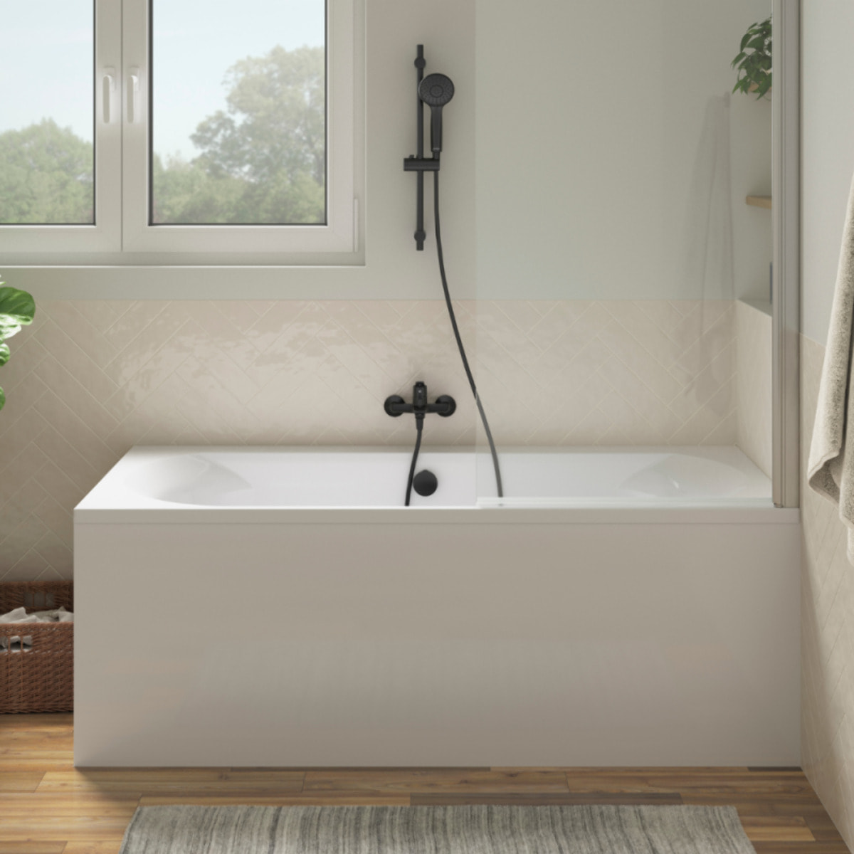Pack baignoire Elise + tablier angle + pommeau et mitigeur bain noir Aimé + pare bain chromé + vidage