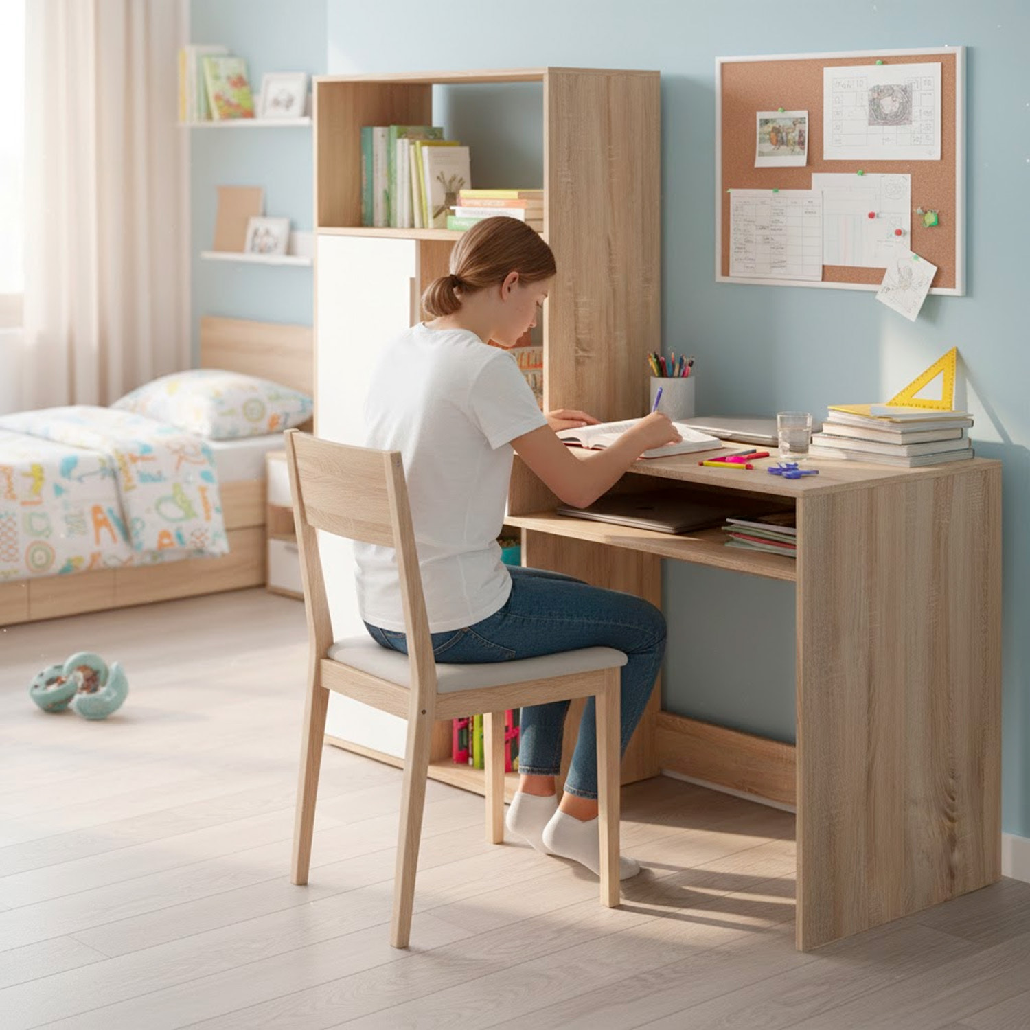 Scrivania Con Libreria Integrata Cassetto E Mobile con Ante Desk Multifunzionale Per Home Office E Studio 162.8 x 60.35 x 155.4 Cm Bianco e Rovere