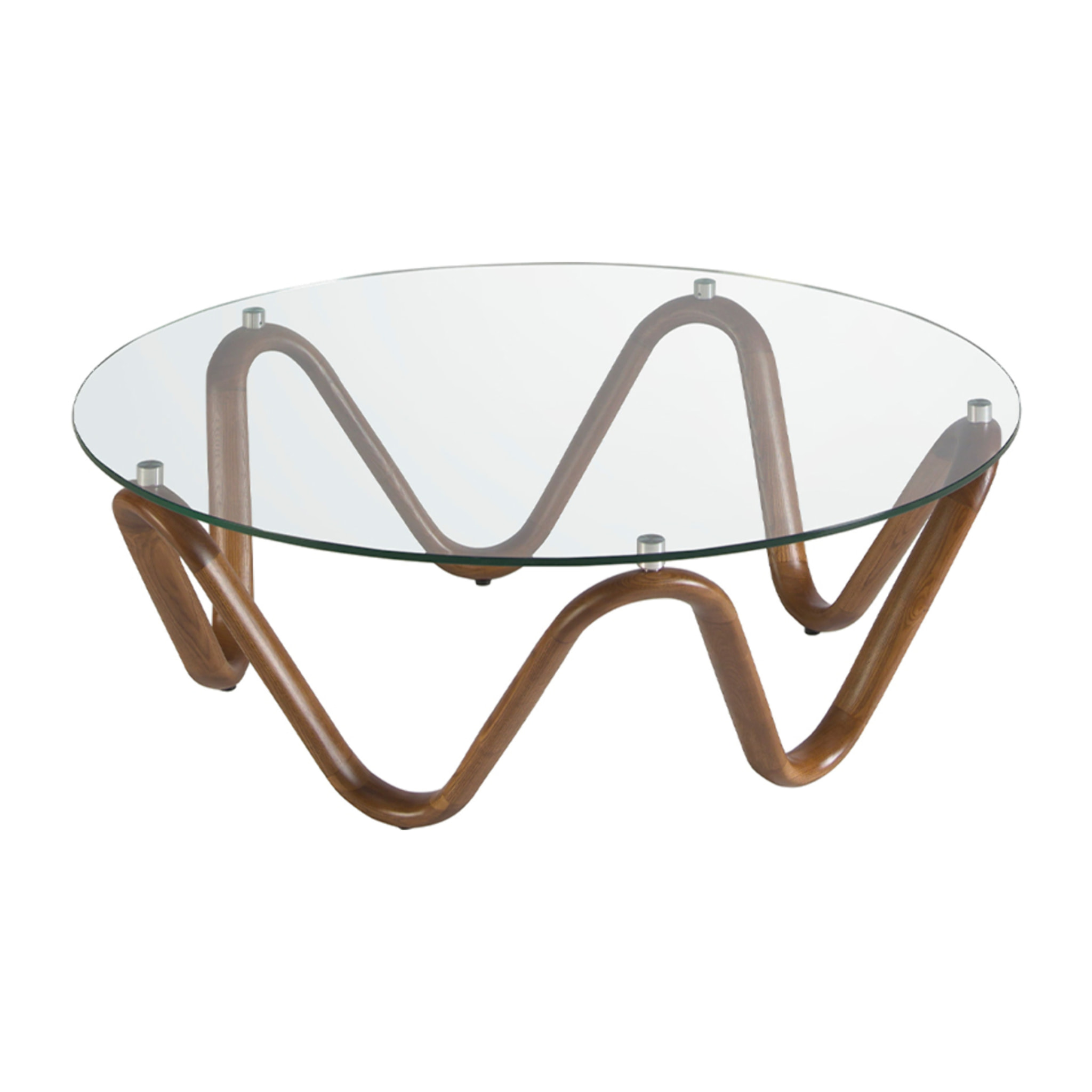 Mesa centro redonda con tapa de cristal templado y patas de madera en nogal 115x115x38cm