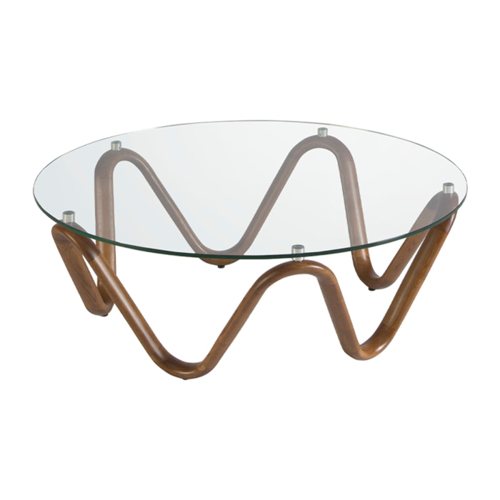 Mesa centro redonda con tapa de cristal templado y patas de madera en nogal 115x115x38cm
