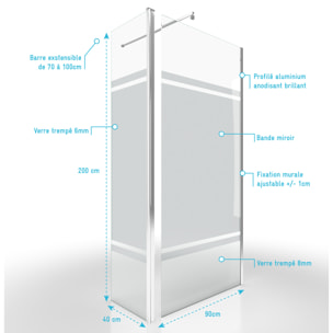 Paroi de Douche et Volet Pivotant 90+40x200 cm - Bandeau Miroir - Barre de Fixation Chrome
