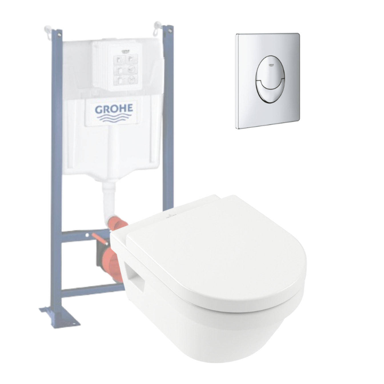 WC suspendu sans bride Architectura + abattant + bati support GROHE + plaque de commande chrome