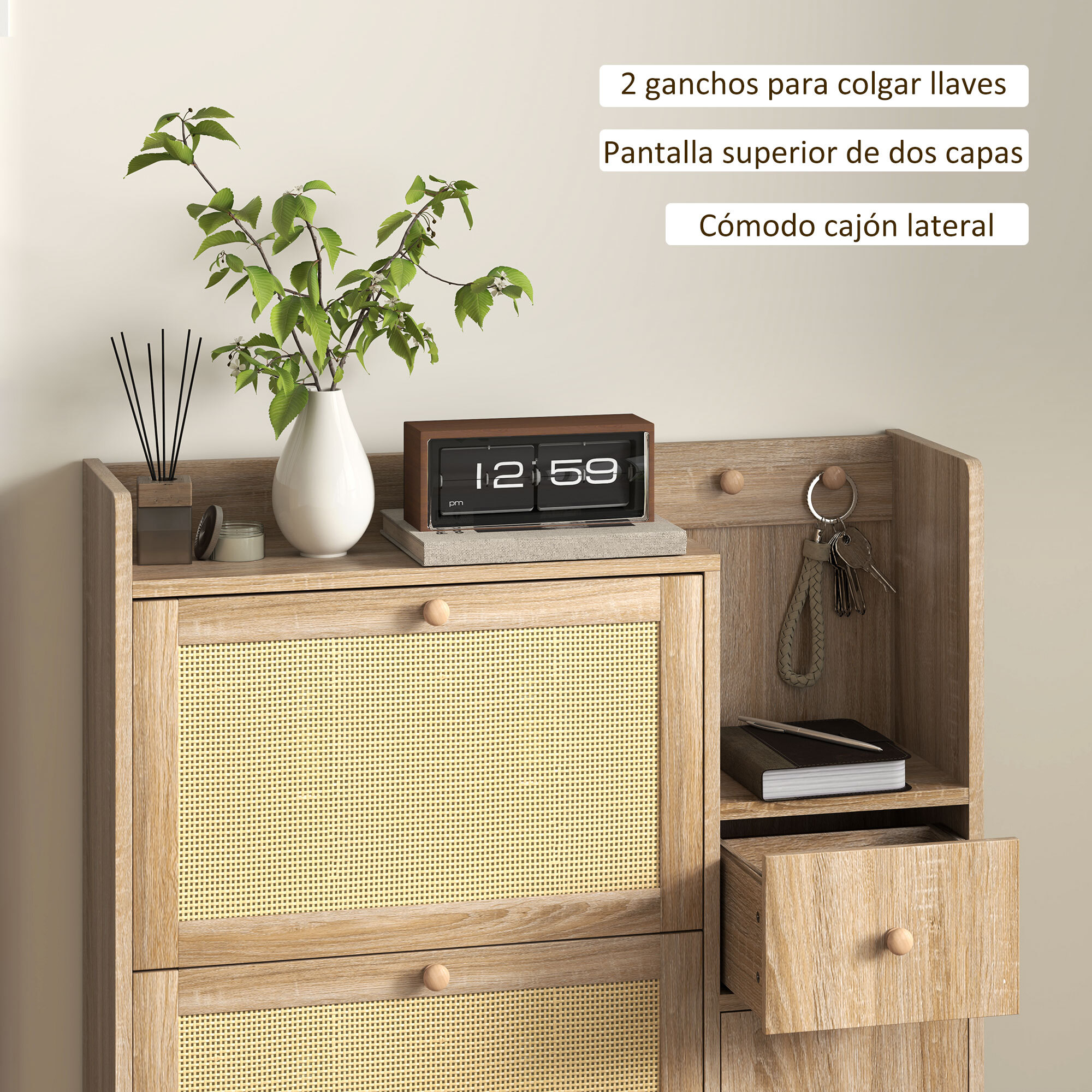 Mueble Zapatero Armario Zapatero con 3 Cajones Abatibles con Frentes de Ratán para 12 Pares de Zapatos Estantes Ajustables Zapatero Estrecho para Pasillo Entrada 80x23x120 cm Roble