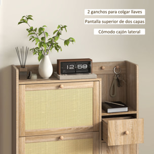 Mueble Zapatero Armario Zapatero con 3 Cajones Abatibles con Frentes de Ratán para 12 Pares de Zapatos Estantes Ajustables Zapatero Estrecho para Pasillo Entrada 80x23x120 cm Roble