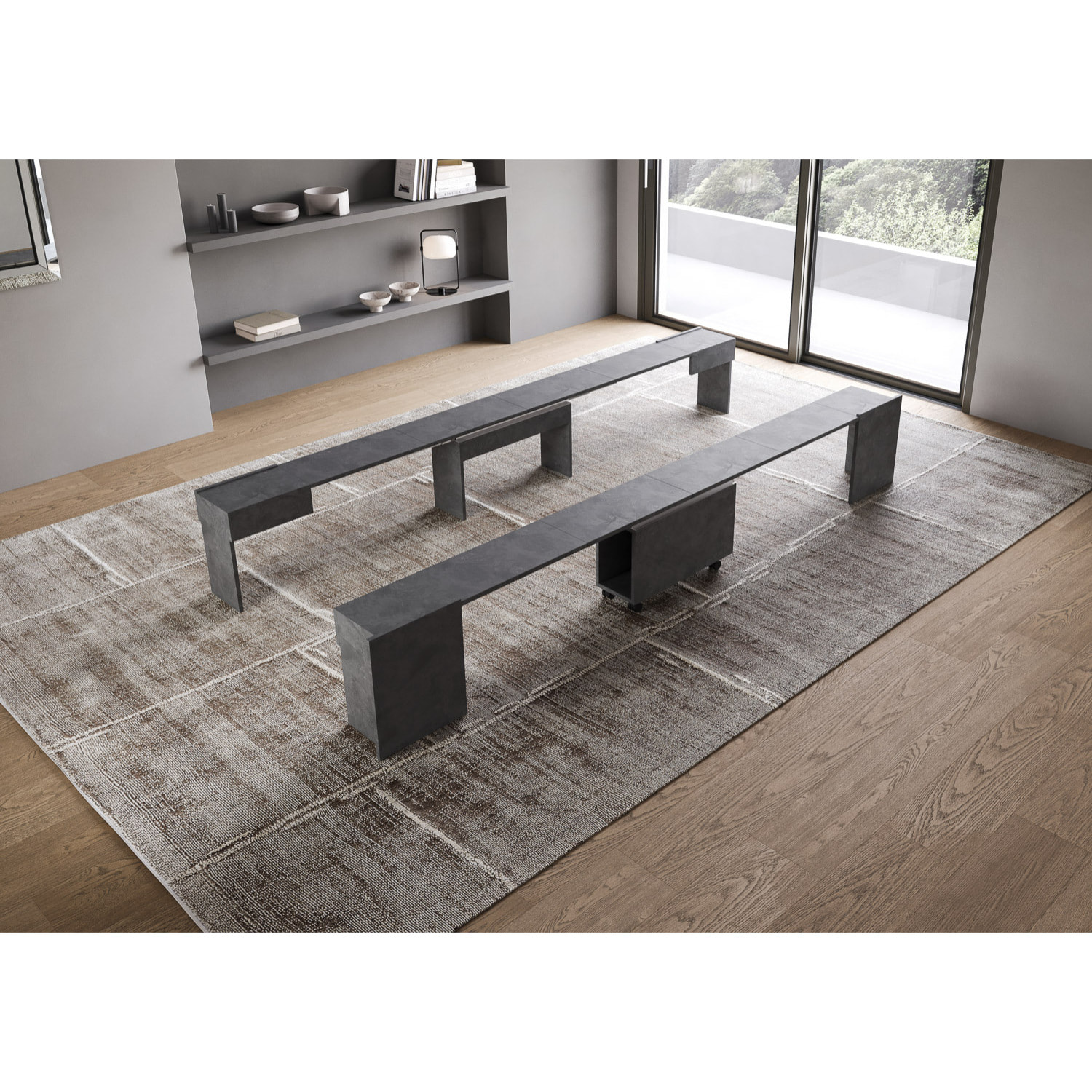 Consola extensible 90x42/302 cm Evolve Antracita Espatulado extensiones internas con bancos inferior y superior