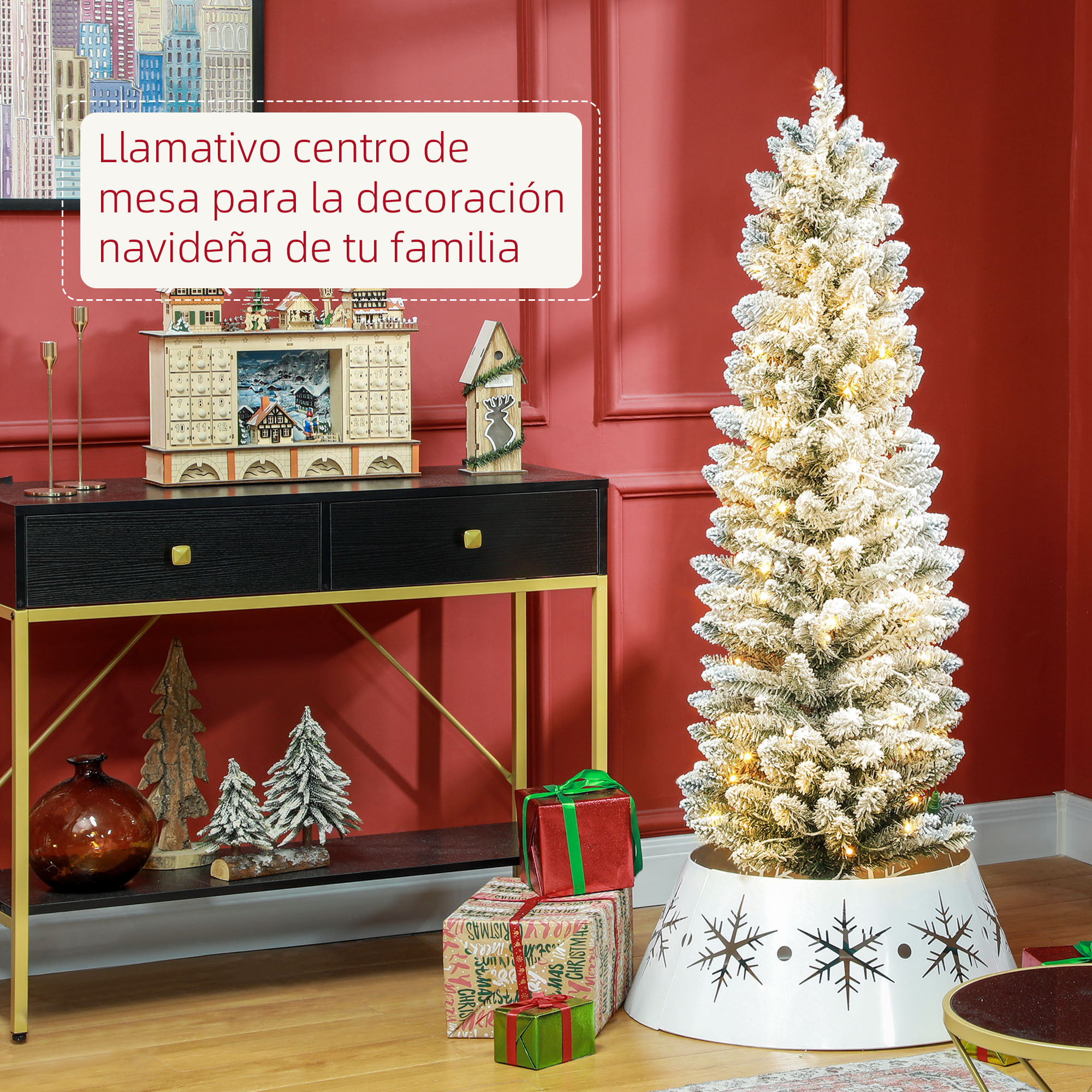 Árbol de Navidad 150 cm Árbol de Navidad Artificial Nevado con 120 Luces LED 263 Ramas y Soporte de Metal Árbol de Navideño para Salón Verde y Blanco