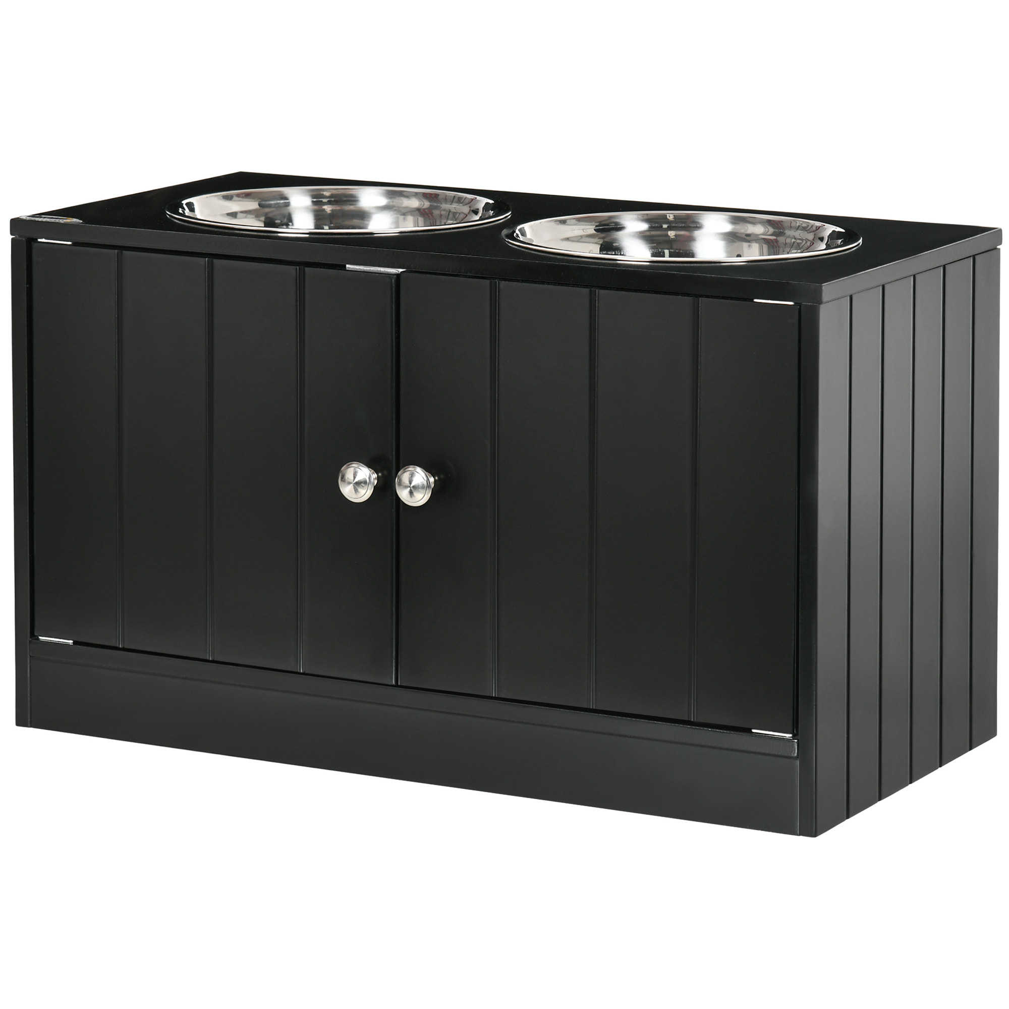 Gamelle double chien chat - porte-gamelles surélevé armoire 2 en 1 - 2 portes, 2 gamelles - acier inox. MDF noir