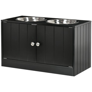 Gamelle double chien chat - porte-gamelles surélevé armoire 2 en 1 - 2 portes, 2 gamelles - acier inox. MDF noir