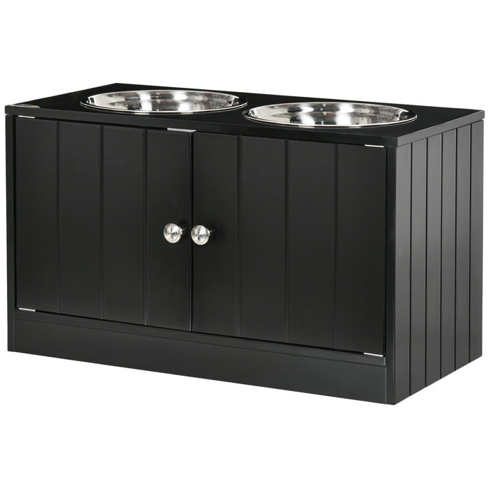 Gamelle double chien chat - porte-gamelles surélevé armoire 2 en 1 - 2 portes, 2 gamelles - acier inox. MDF noir