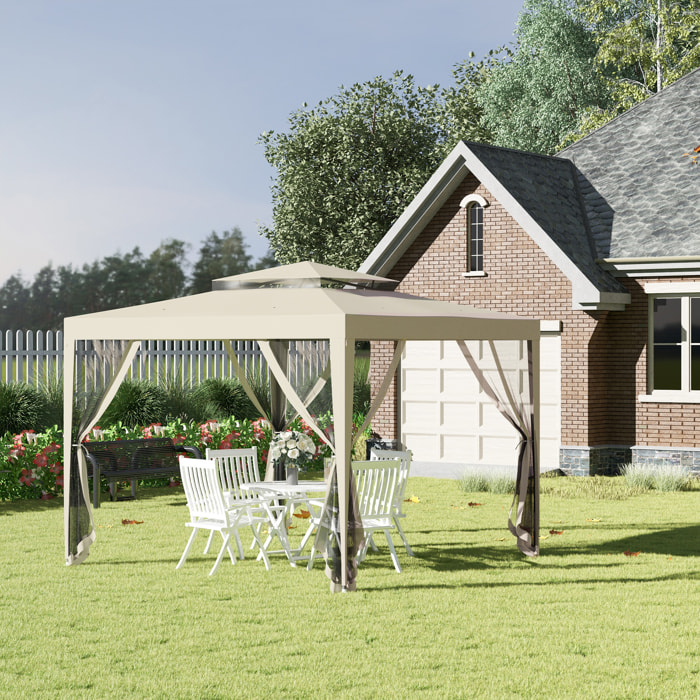 Carpa de Jardín 3x3 m Cenador Desmontable de Exterior Gazebo con 4 Mosquiteras Laterales Techo Doble y Marco Metálico Anti-UV Impermeable Pabellón para Terraza Patio Beige