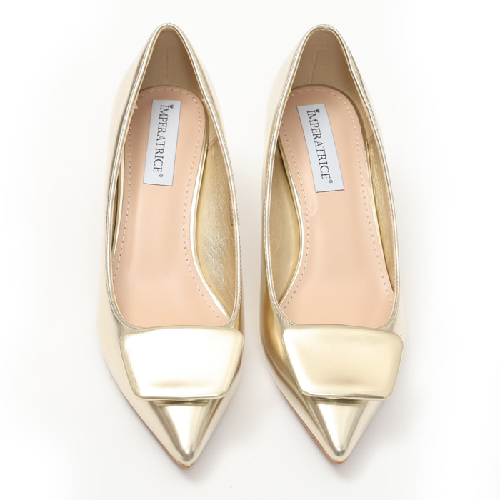 Dècolletè pumps in simil pelle con tacco basso e dettaglio sulla punta