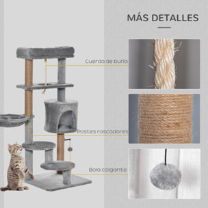 Árbol Rascador para Gatos Altura 120 cm Torre de Gatos con Plataformas Cueva Hamaca Postes de Yute Cuerda Divertida Bola Colgante 48x48x120 cm Gris