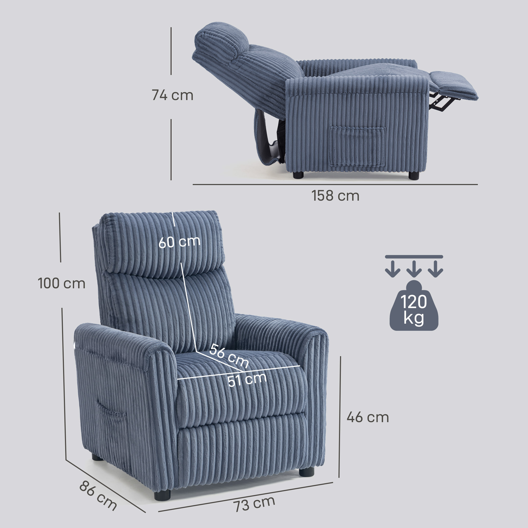 Sillón Relax Reclinable, Sillón Reclinable Manual, Tapizado en Pana, Instalación Rápida, Reposapiés, Acolchado Grueso, para Salón, Dormitorio, Oficina, Azul Oscuro