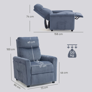 Sillón Relax Reclinable, Sillón Reclinable Manual, Tapizado en Pana, Instalación Rápida, Reposapiés, Acolchado Grueso, para Salón, Dormitorio, Oficina, Azul Oscuro