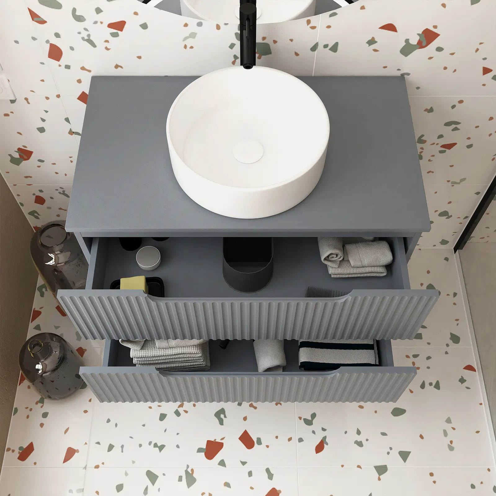 Meuble de Salle de Bains LEON 80cm Gris - 2 Tiroirs en MDF Ondules - Vasque Ronde 36cm