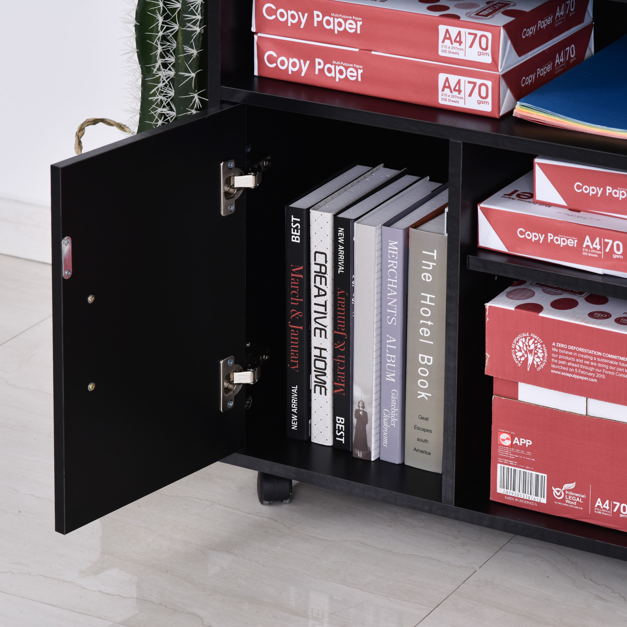 HOMCOM Support d'imprimante organiseur bureau caisson placard porte 3 niches + grand plateau panneaux particules noir