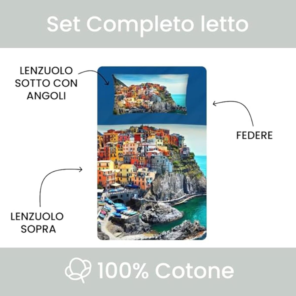 INTRECCI Set Lenzuola Una Piazza e Mezza in Cotone, Stampa Alta Qualità, Lenzuolo Sotto + Lenzuolo Sopra + 1 Federa, Comfort, per Pelli Sensibili, non Stringe in Lavatrice. Fantasia: Cinque Terre