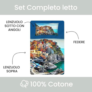 INTRECCI Set Lenzuola Una Piazza e Mezza in Cotone, Stampa Alta Qualità, Lenzuolo Sotto + Lenzuolo Sopra + 1 Federa, Comfort, per Pelli Sensibili, non Stringe in Lavatrice. Fantasia: Cinque Terre