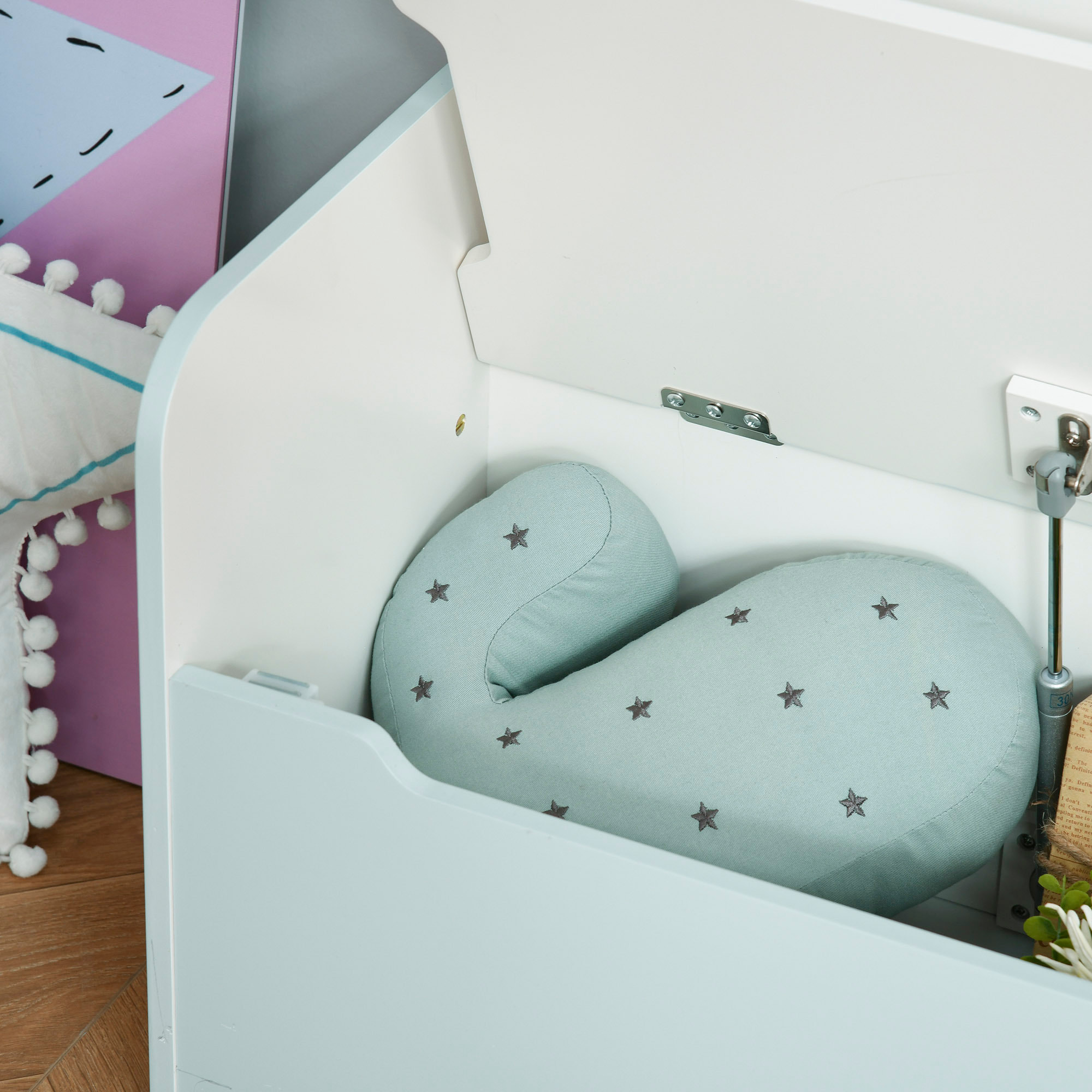 Coffre à jouets banc 2 en 1 - coffre de rangement dim. 60L x 30l x 50H cm - vérin pneumatique MDF bleu clair