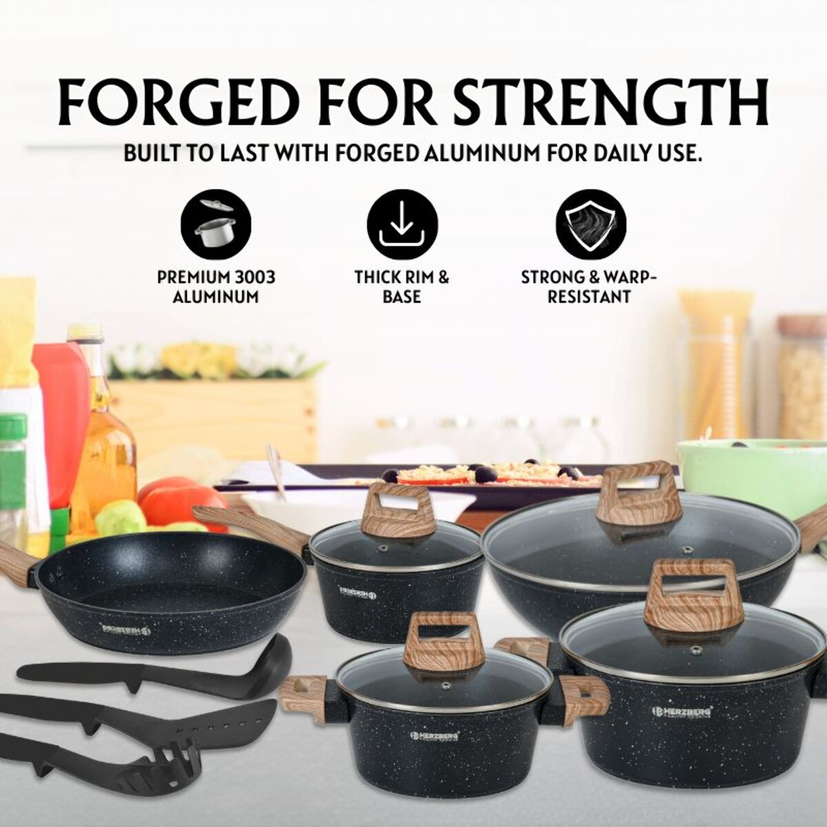 Batterie de cuisine 14 pièces avec revêtement en granit et manche en bois Noir Herzberg HGWDMRB14-BLK