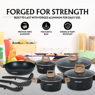 Batterie de cuisine 14 pièces avec revêtement en granit et manche en bois Noir Herzberg HGWDMRB14-BLK