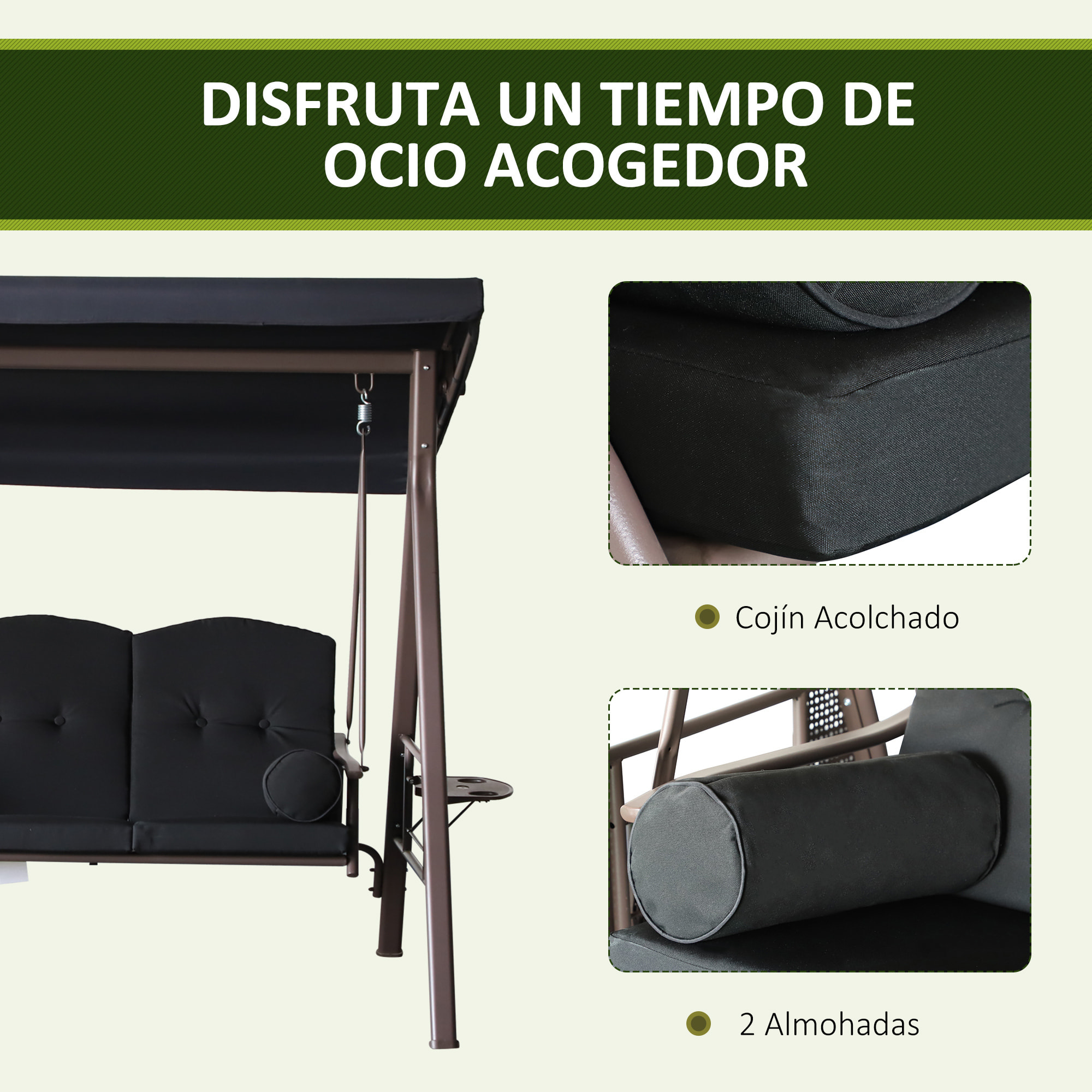 Columpio de Jardín Exterior de 3 Plazas Balancín de Jardín Exterior con Toldo Ajustable Bandejas Laterales 2 Almohadas y Marco de Metal Carga 360 kg 208x121x172 cm Negro