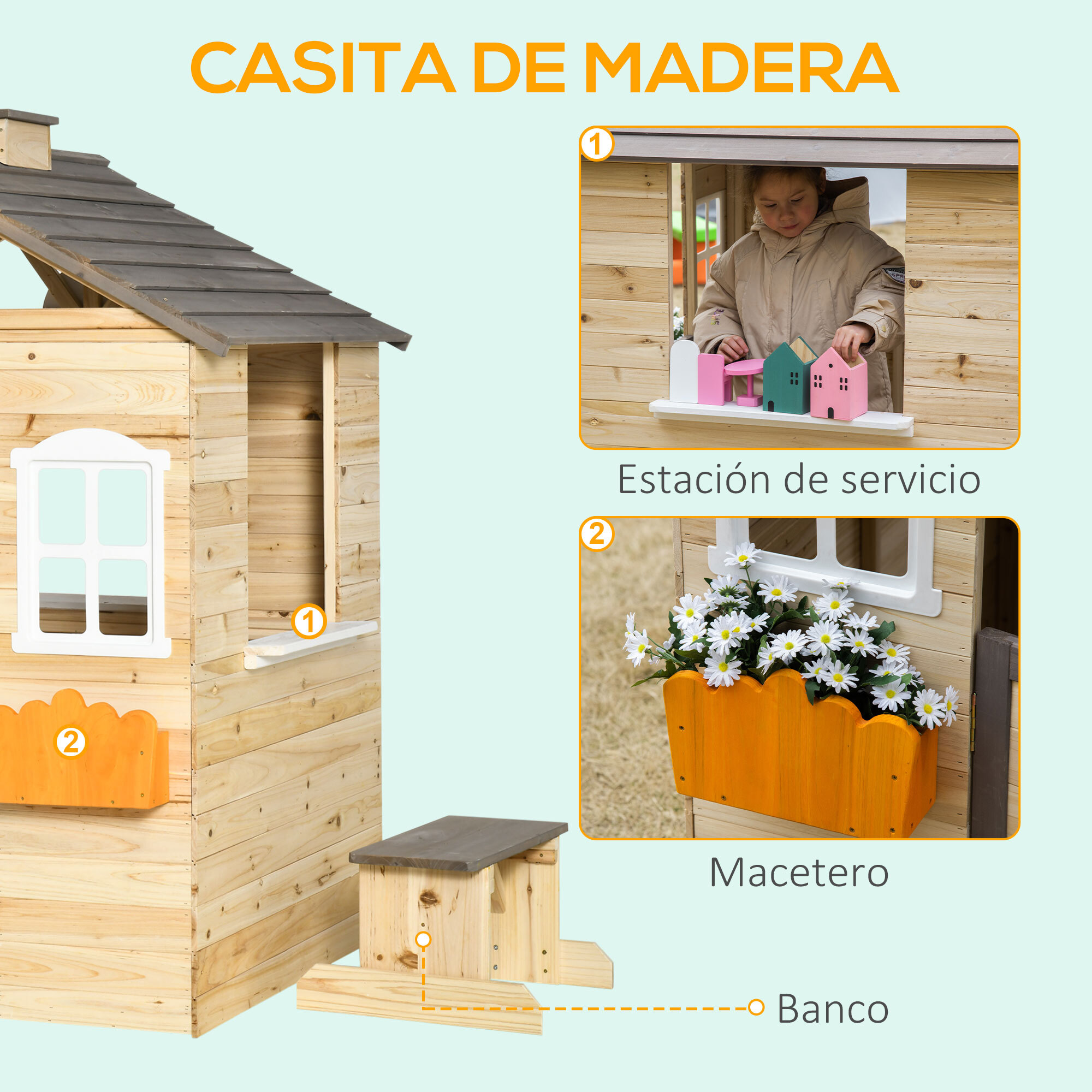 Casa de Jardín Infantil de Madera Casa de Juegos Exterior para Niños de 3 -7 Años con Ventanas 2 Jardineras y 1 Banco 113x94x134,5 cm Natural