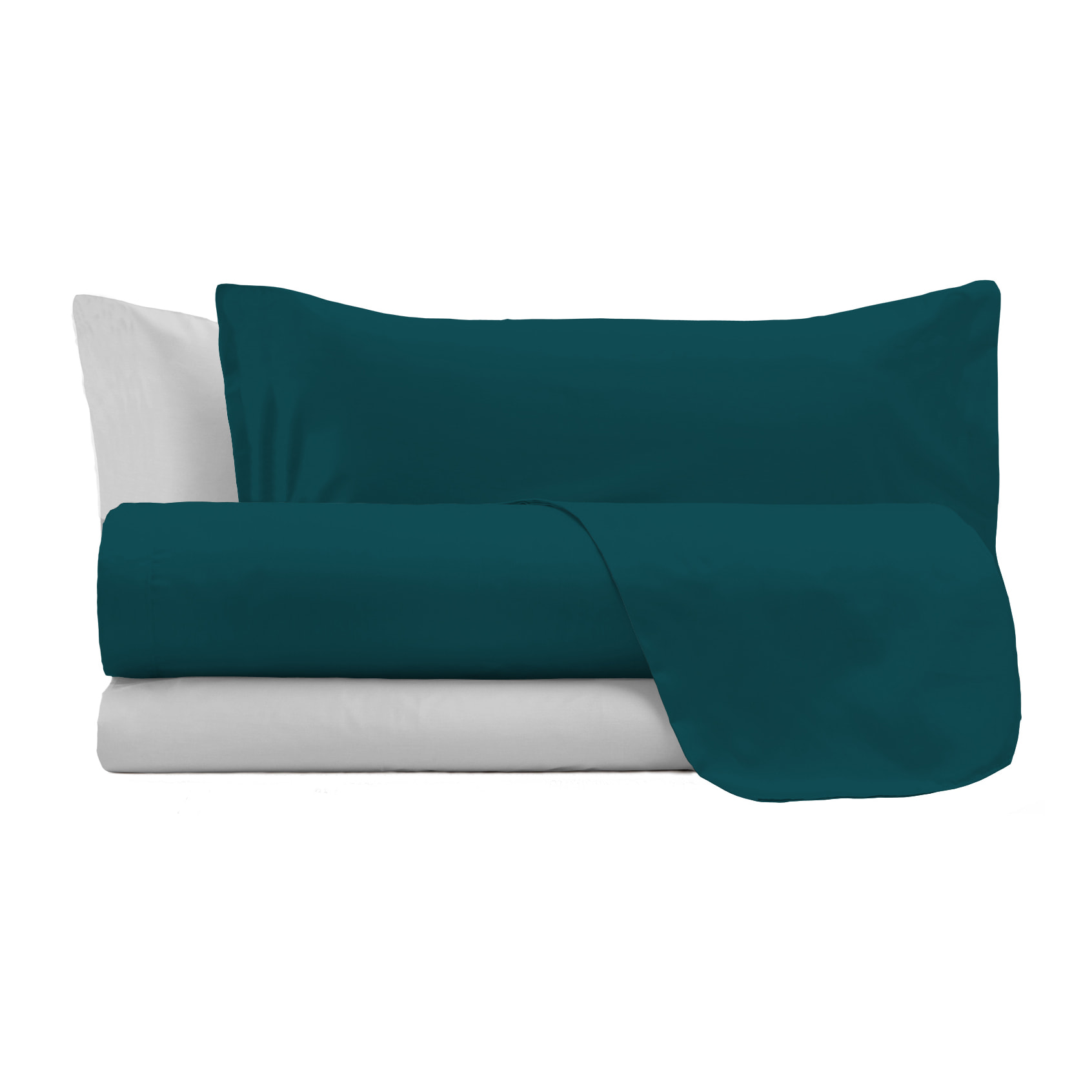 COMPLETO LETTO NATURAL COLOR, 100% Cotone, Made in Italy - VERDE PETROLIO/GRIGIO CHIARO