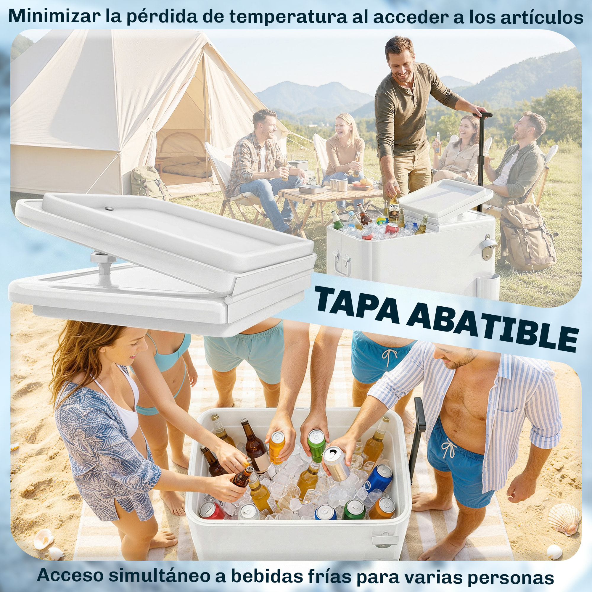 Carrito Nevera de 56L con Ruedas, Carro de Bebidas con Mango Ajustable, Abrebotellas, Recogetapas, Drenaje y Asa, Mesa Nevera Jardín Exterior para Patio, Fiesta, BBQ, 75x35x120 cm, Blanco