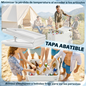 Carrito Nevera de 56L con Ruedas, Carro de Bebidas con Mango Ajustable, Abrebotellas, Recogetapas, Drenaje y Asa, Mesa Nevera Jardín Exterior para Patio, Fiesta, BBQ, 75x35x120 cm, Blanco