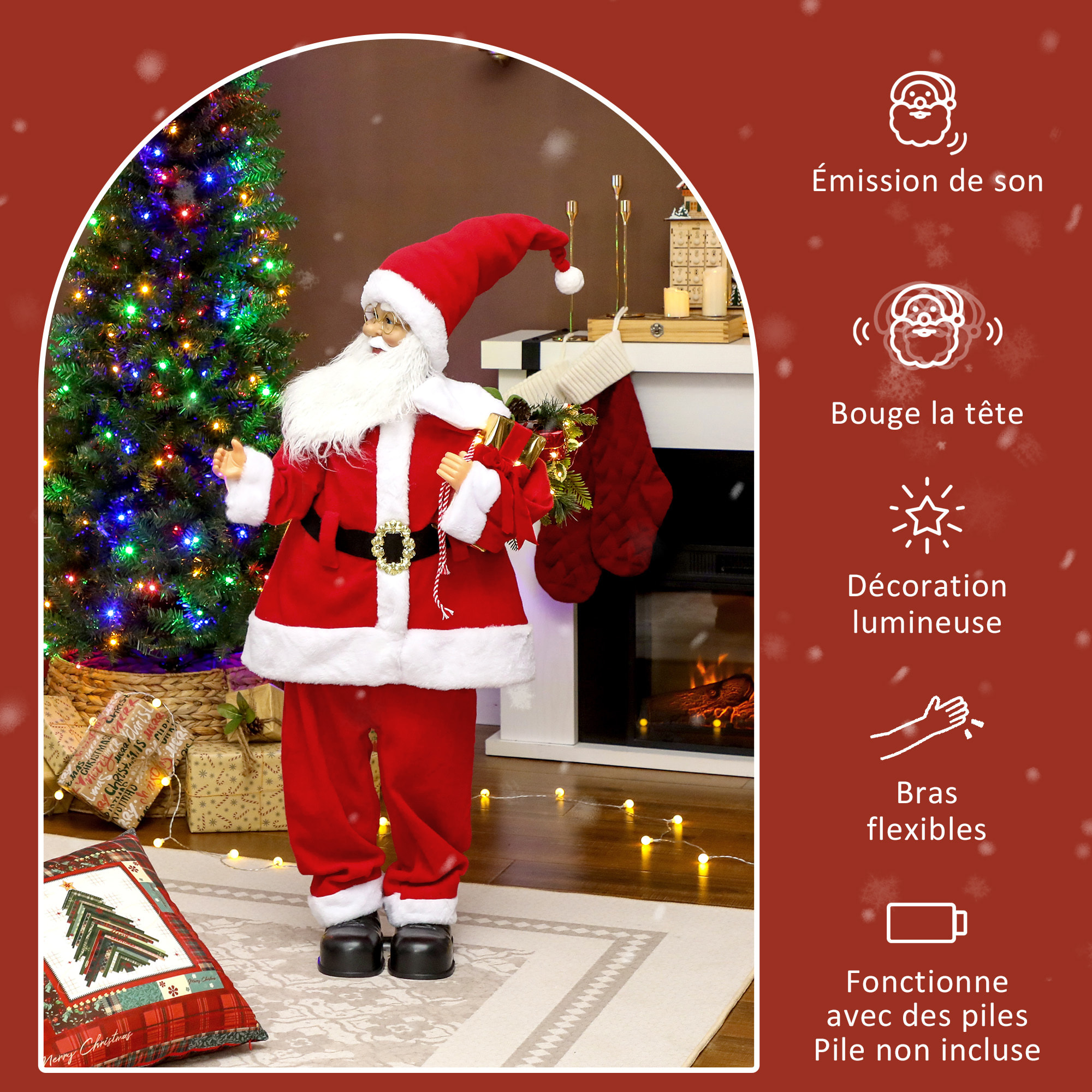 Figurine de Père Noël, debout de Père Noël rouge traditionnelle 120 cm, commande vocale, lumières LED scintillantes, musique, bras pliables, pour les décorations d'intérieur et de fête