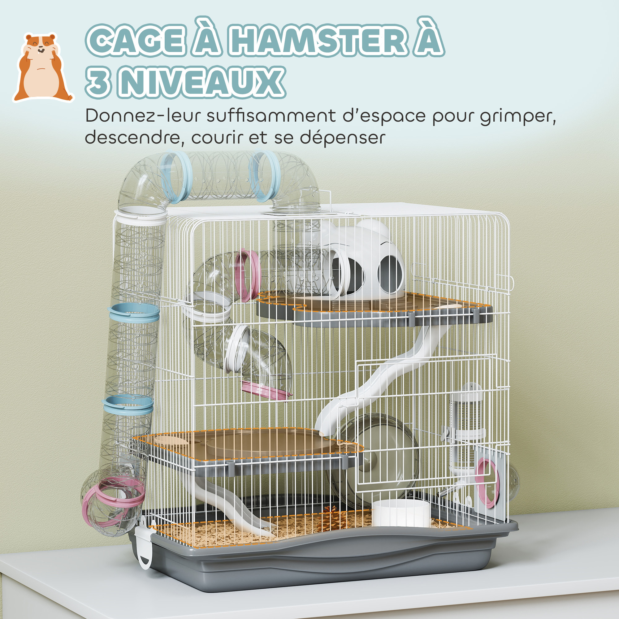 Cage rongeur hamster 3 niveaux cabane roue tunnel toboggan biberon mangeoire 45 x 30 x 45 cm blanc gris