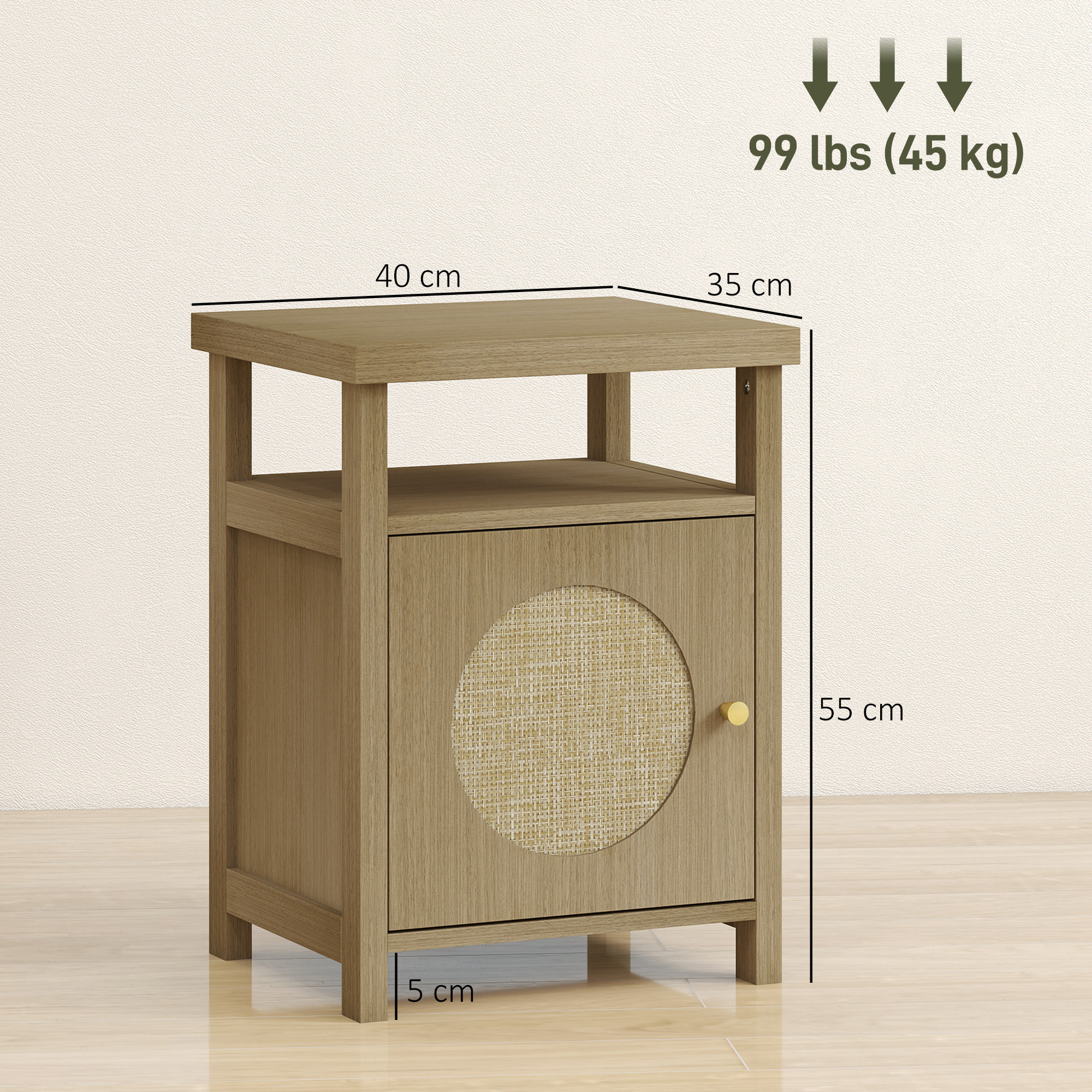 Mesita de Noche con Puerta de Ratán, Mesilla de Noche con Estante Abierto y Compartimento, Mesa Auxiliar para Dormitorio, Salón, 40x35x55 cm, Madera Natural