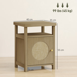 Mesita de Noche con Puerta de Ratán, Mesilla de Noche con Estante Abierto y Compartimento, Mesa Auxiliar para Dormitorio, Salón, 40x35x55 cm, Madera Natural