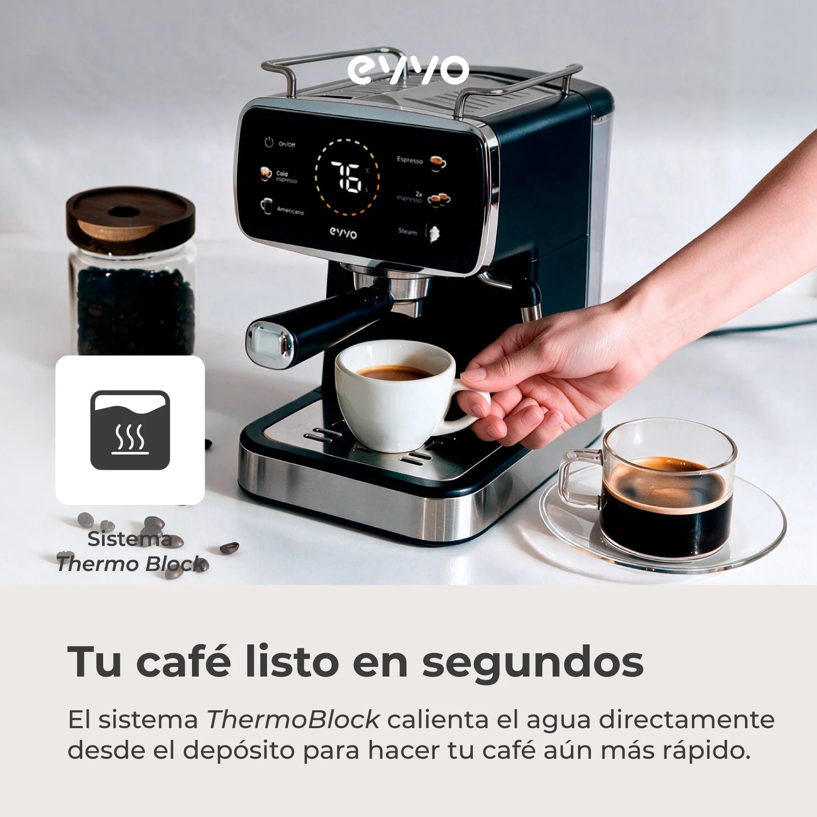 EVVO Cafetera Express Intensa 30. panel táctil a color. 20 bares de presion. Espressos y Capuccinos. 1350W. Doble salida. portafiltros. Depósito de 1.5 l