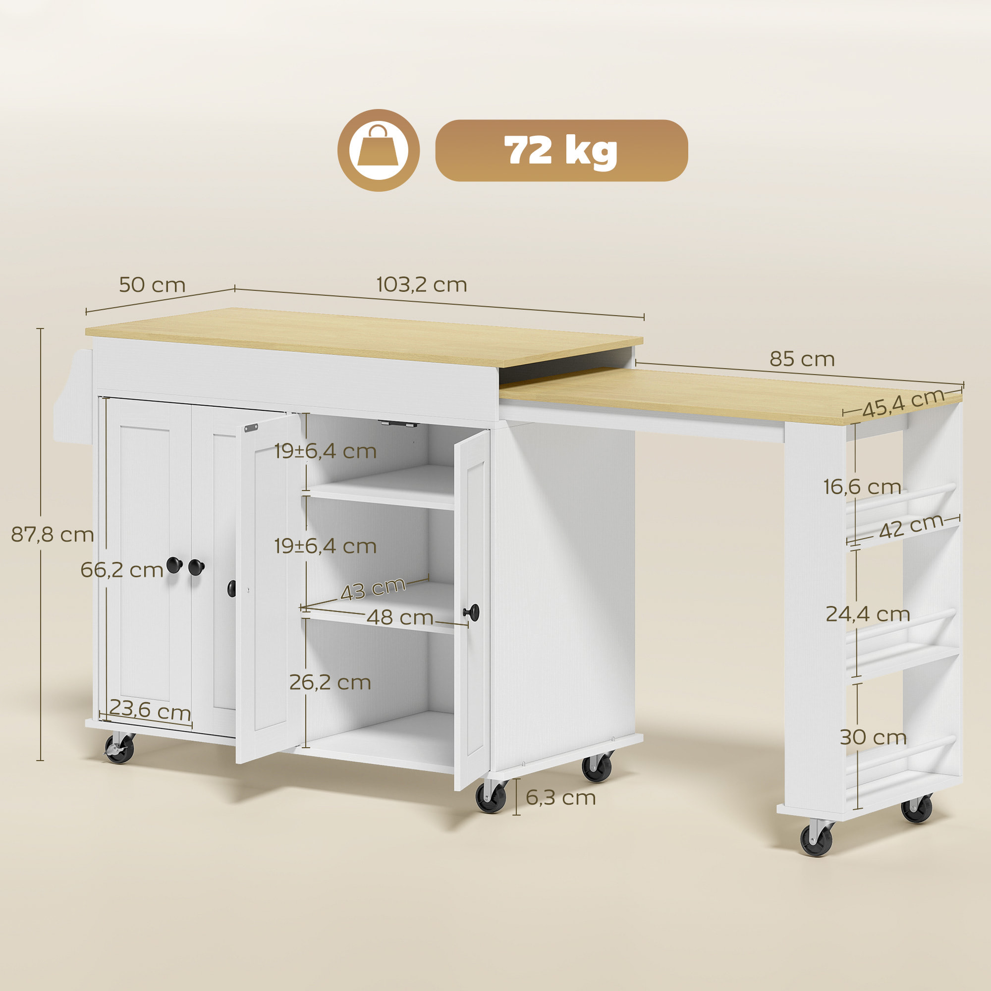 Isla de Cocina con Ruedas, Encimera Extensible, Carro de Cocina con 4 Puertas, Estantes Ajustables, Estantería Lateral Abierta, Especiero y Soporte para Toallas, para Comedor, Blanco