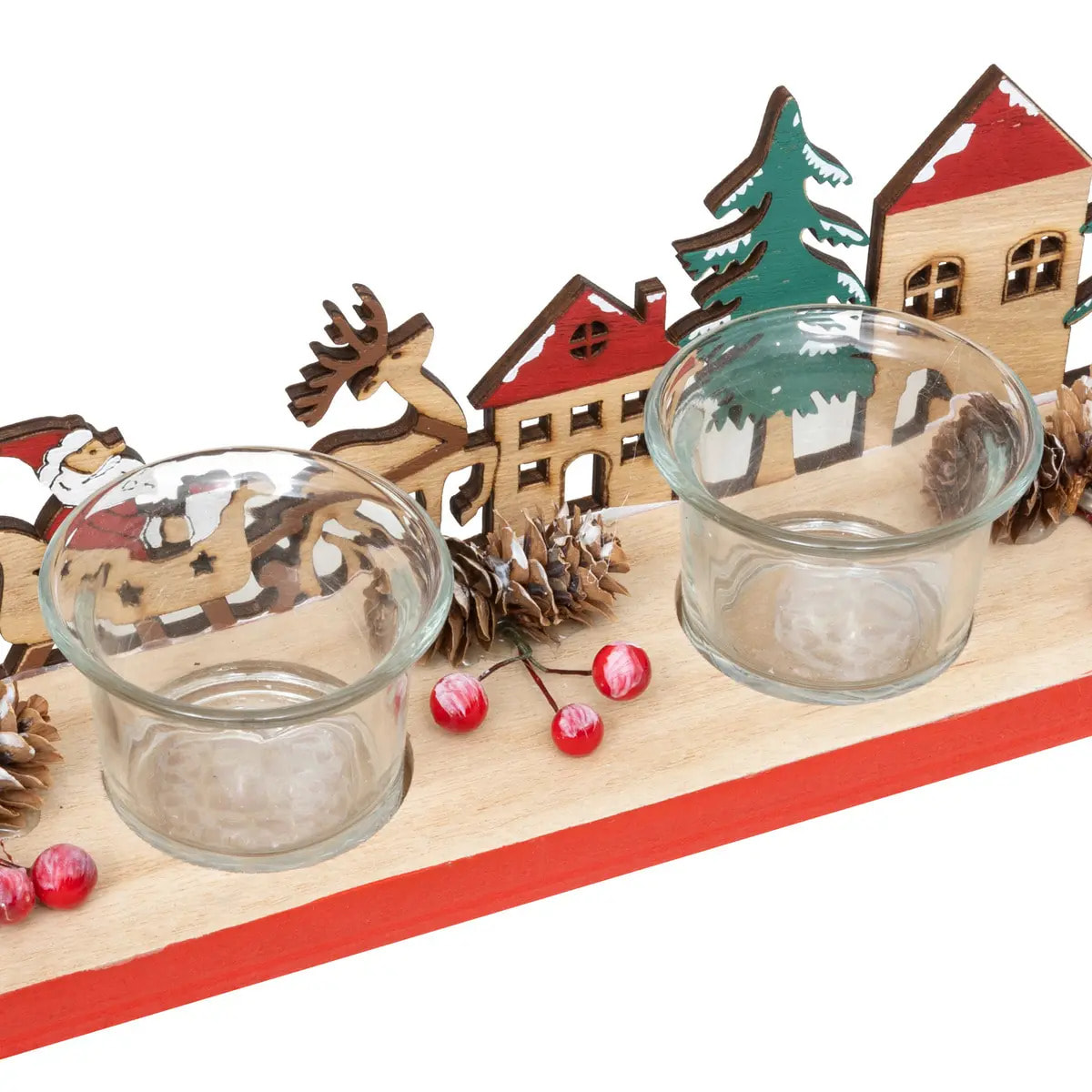 Photophore décor paysage bois avec 4 photophores verre transparent