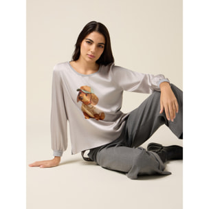 Oltre - T-shirt bimaterica con stampa e applicazioni - Grigio