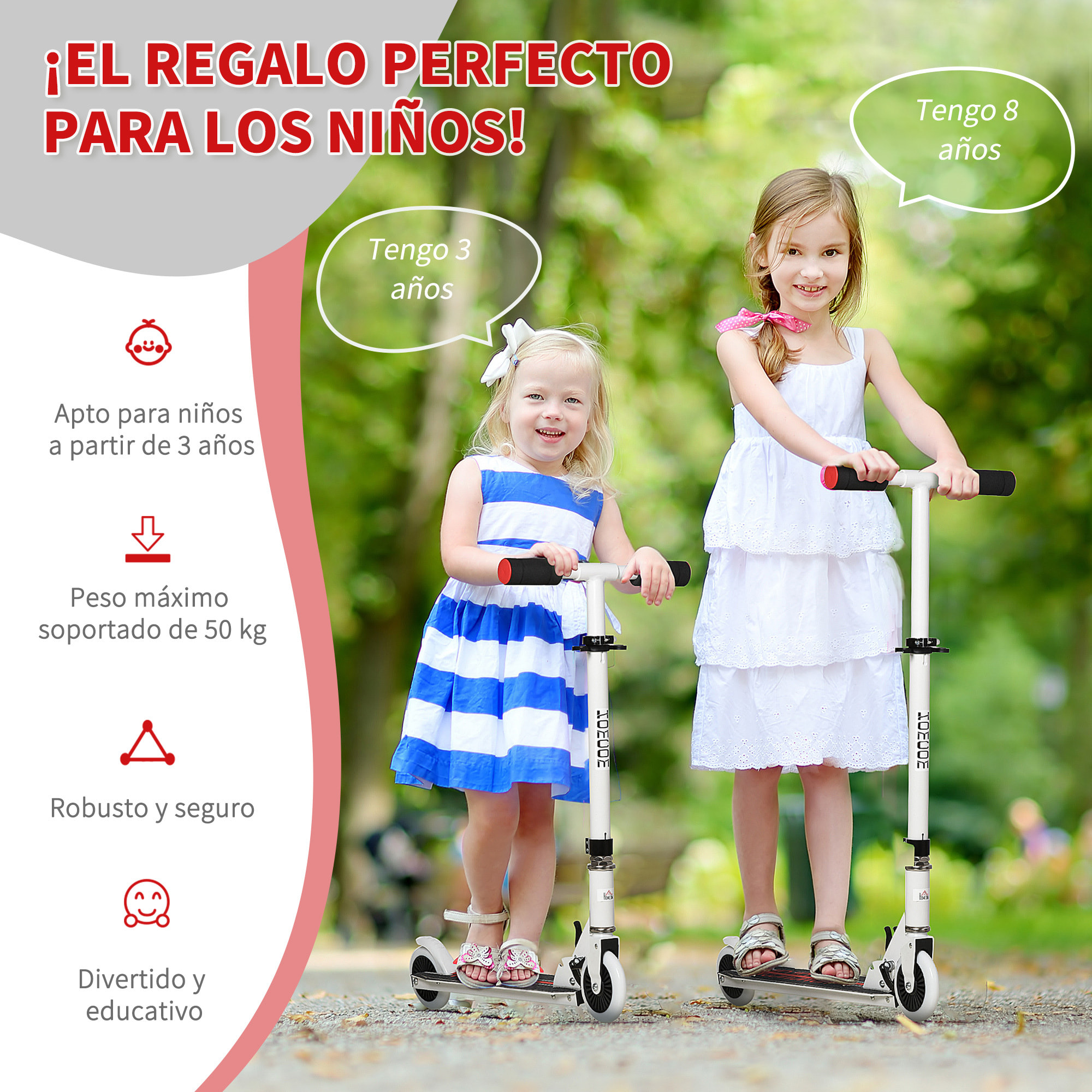 Patinete para Niños +3 Años Plegable con Altura Ajustable de 79,5-89,5 cm Blanco