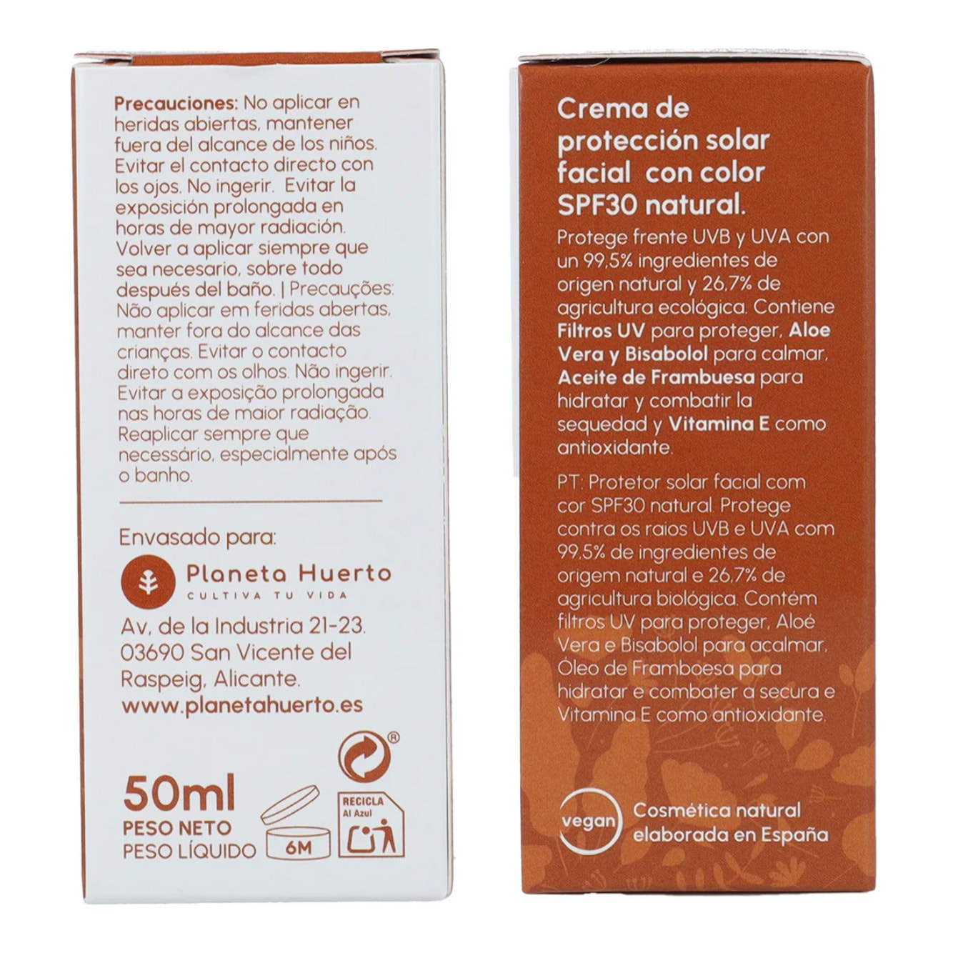 Crema de Protección Solar Facial con Color 100% mineral SPF30 Planeta Huerto 50 ml
